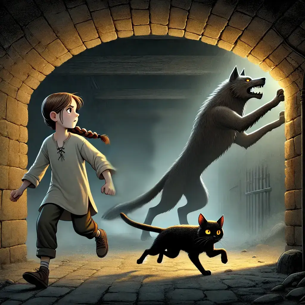 ลีน่าและวิสเกอร์สกำลังหลบหนีจากมิสเตอร์แกรนด์ในอุโมงค์ใต้ดิน